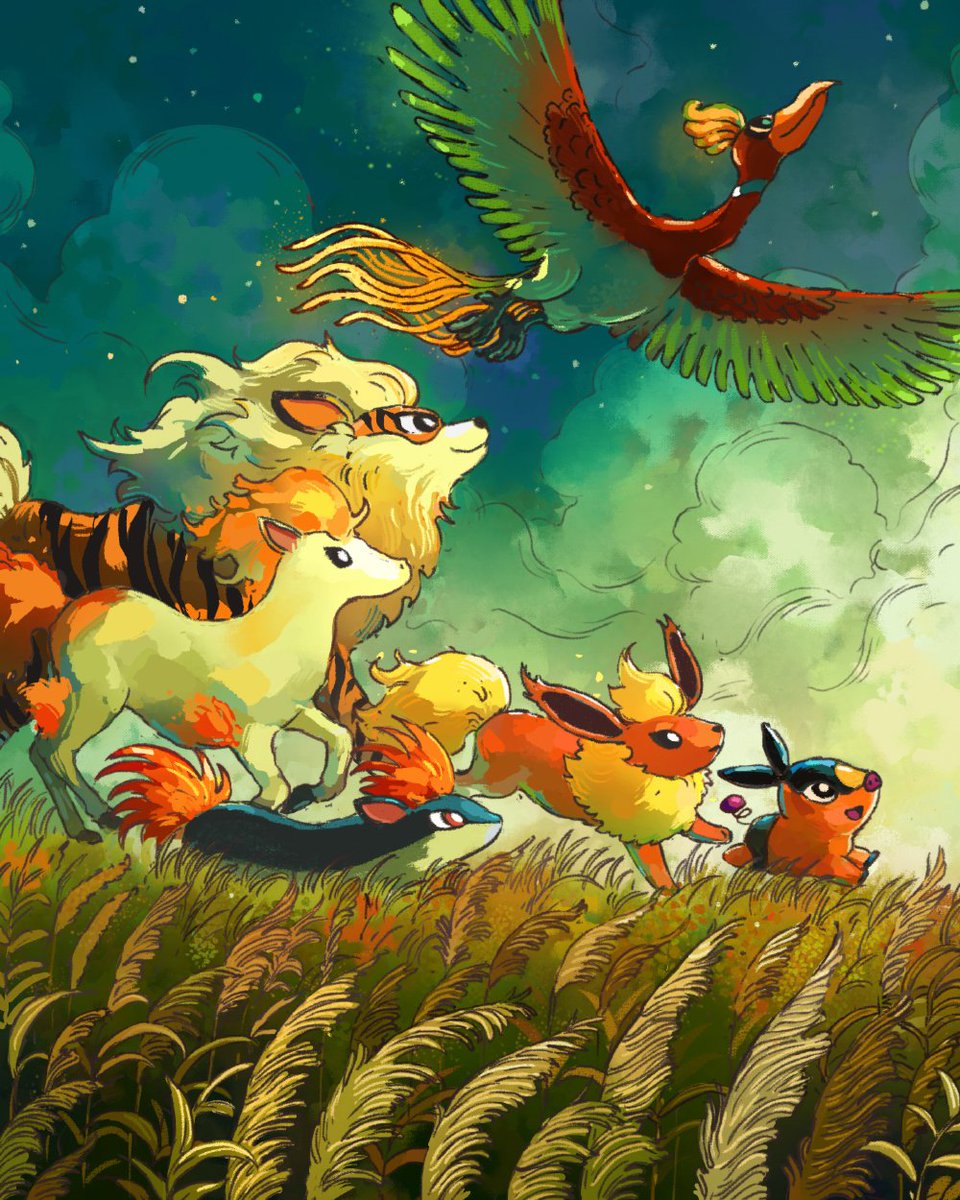Fire type pokemon in a fall field.