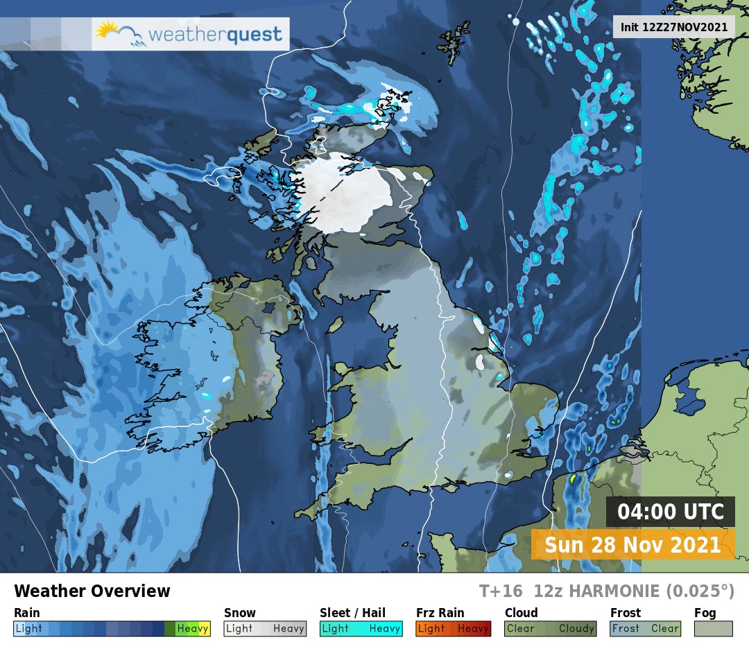 weatherquest_uk's tweet photo. Tonight (1 of 2): Rain clearing E'wards, turning to sleet or snow in places - see @WQRadar, while elsewhere many areas will be dry with just a few wintry showers before further snow arrives in N Scot, with rain spreading into W Ireland towards dawn... https://t.co/3MpkC6VVRA