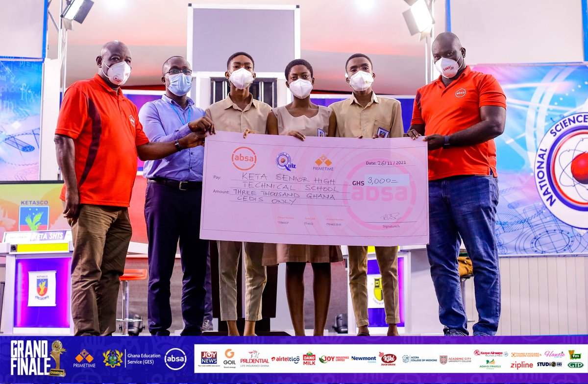 NSMQGhana's tweet photo. Prempeh College, PRESEC - Legon, and Keta SHTS have earned Gh¢5,300 Gh¢4,900 &amp; Gh¢3,000 respectively in the @AbsaGhana Money Zone based on their total scores in their Final contest of #NSMQ2021.

#NSMQinKumasi #NSMQ2021 #Primetime #NSMQWithAbsa https://t.co/UF8DhgdVln