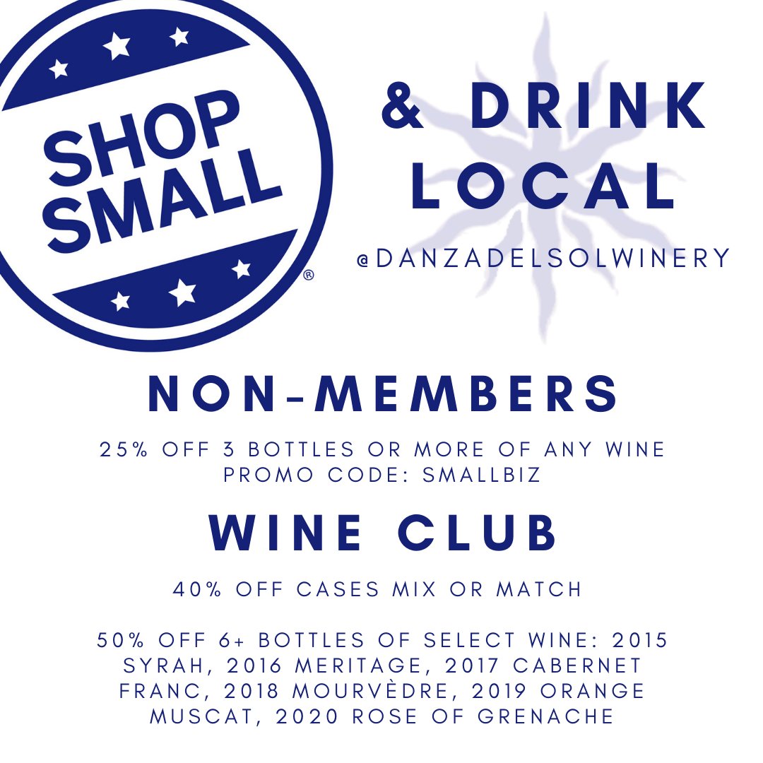 SHOP SMALL 💙 Join us today in the tasting room or online for Small Business Saturday👇🏽

NON-MEMBERS
- 25% off 3+ bottles of any wine

WINE CLUB
- 40% off straight or mixed cases
- 50% off six bottles or more of select wines