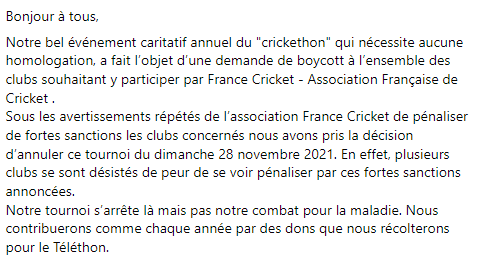 LissesCricket's tweet photo. Communication sur l'annulation de notre évènement caritatif  @ffbs_baseball @afmtelethon @CDEssonne @cnosf_media @icc_europe @ICC @grandparissud @EspritduCricket https://t.co/pu6X78I9FB