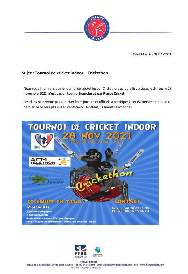LissesCricket's tweet photo. Communication sur l'annulation de notre évènement caritatif  @ffbs_baseball @afmtelethon @CDEssonne @cnosf_media @icc_europe @ICC @grandparissud @EspritduCricket https://t.co/pu6X78I9FB