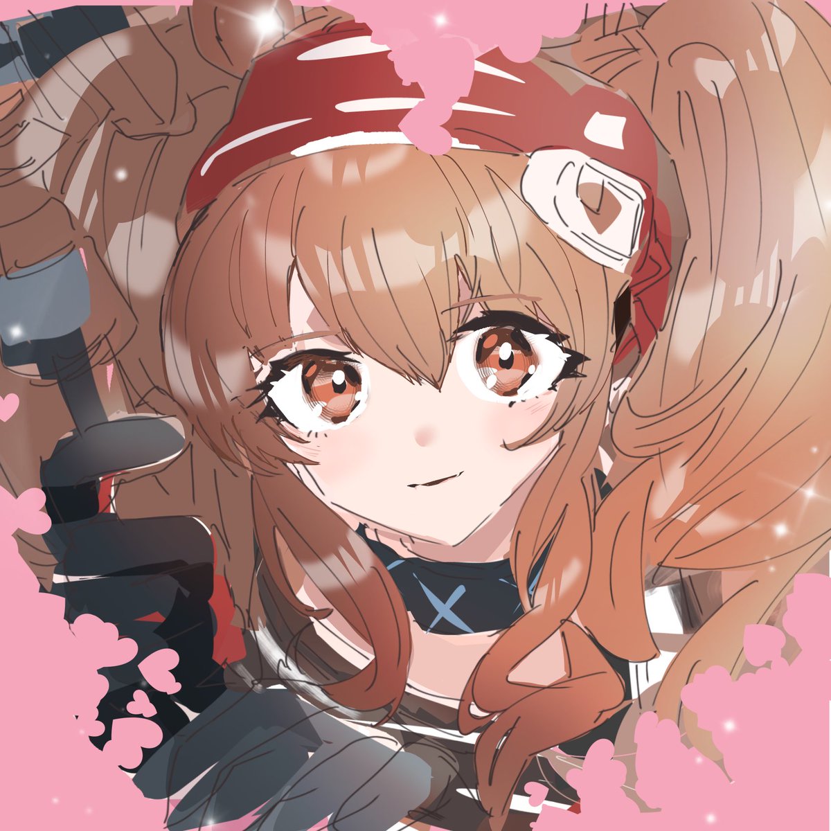 angelina (arknights) 1girl solo brown hair twintails black gloves smile gloves  illustration images