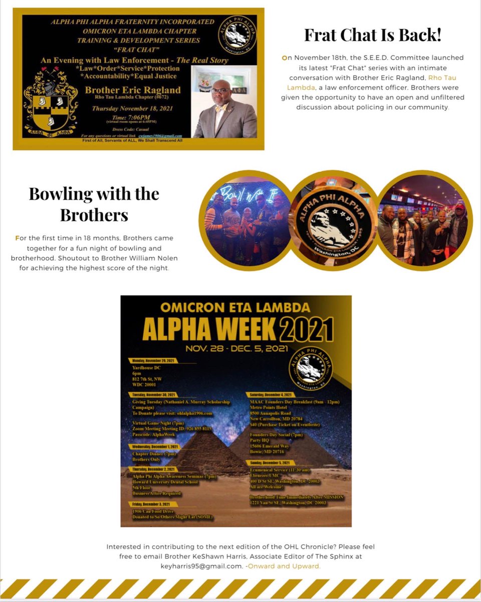 OHLAlphas's tweet photo. HOT OFF THE PRESSES! 

Please check out Bro. L. KeShawn Harris’, OHL’s Associate Editor to The Sphinx, OHL Chronicle Vol. 1 | Issue 1. 

This volume features write ups from our Bro. President, Bro. Vice President, &amp; Bro. Community Service Chair!

#OHLChronicles #TheOHLChronicle https://t.co/IWgi7qvova