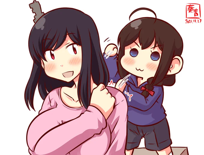 「とんてん、とんてん、とんてん!」
「あ、もう少し下のほう」
「ここ?」
「そうそう。あら、上手じゃない」
「むふー♪」

#西村艦隊版深夜の真剣お絵描き60分一本勝負
#時雨 #山城 