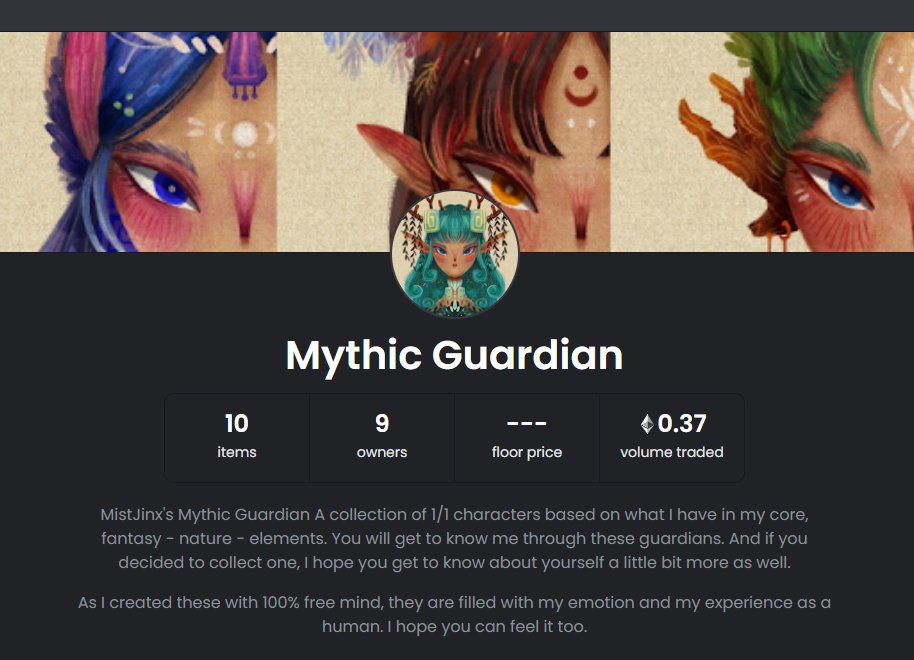 MistJinx's tweet photo. It's been 1 week - MistJinx's Mythic Guardian received loads of support. Can't thank you all enough.

I really put my heart and energy into them, and hoping the concept of 'find your connection' will go a long way. 🌿🦋

Congrats all primeval guardians, and see you next batch 😉 https://t.co/yiVfiQJl8I