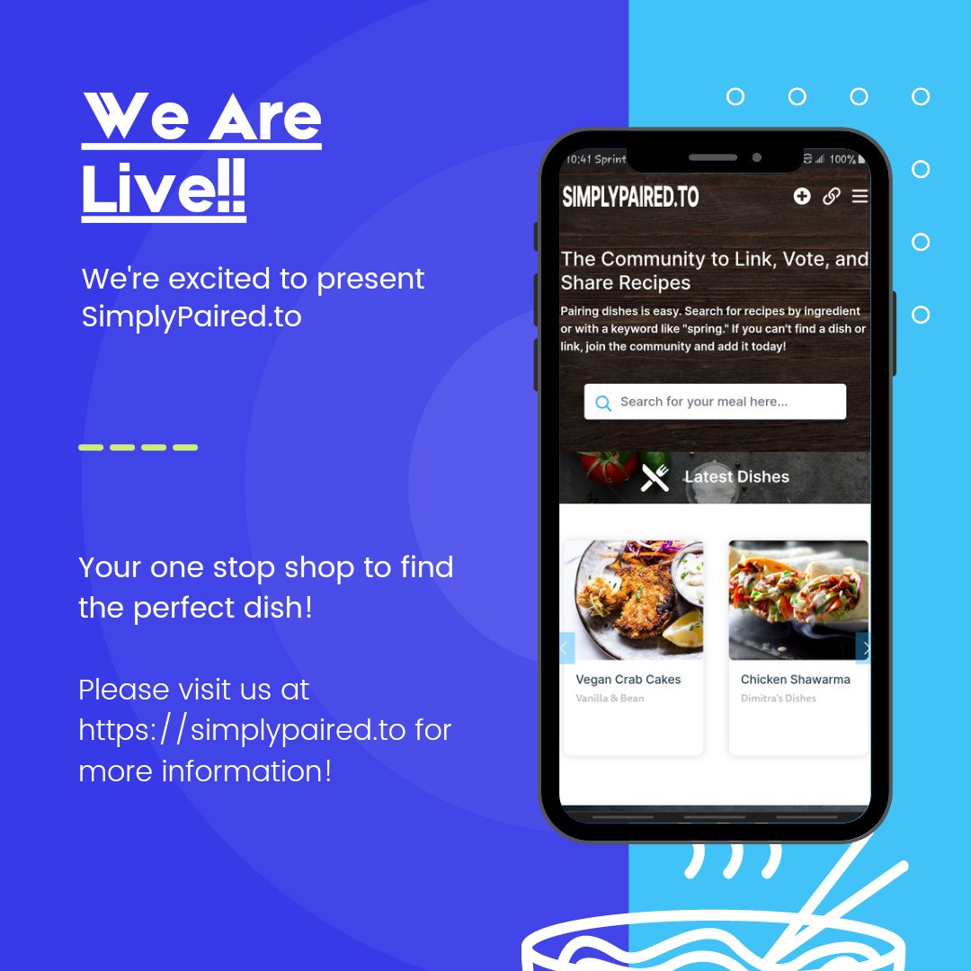 SimplyPairedTo's tweet image. We are excited to bring you SimplyPaired.to!! With us, you'll never run out of delicious appetizers, entrées and desserts to pair with your original dish.