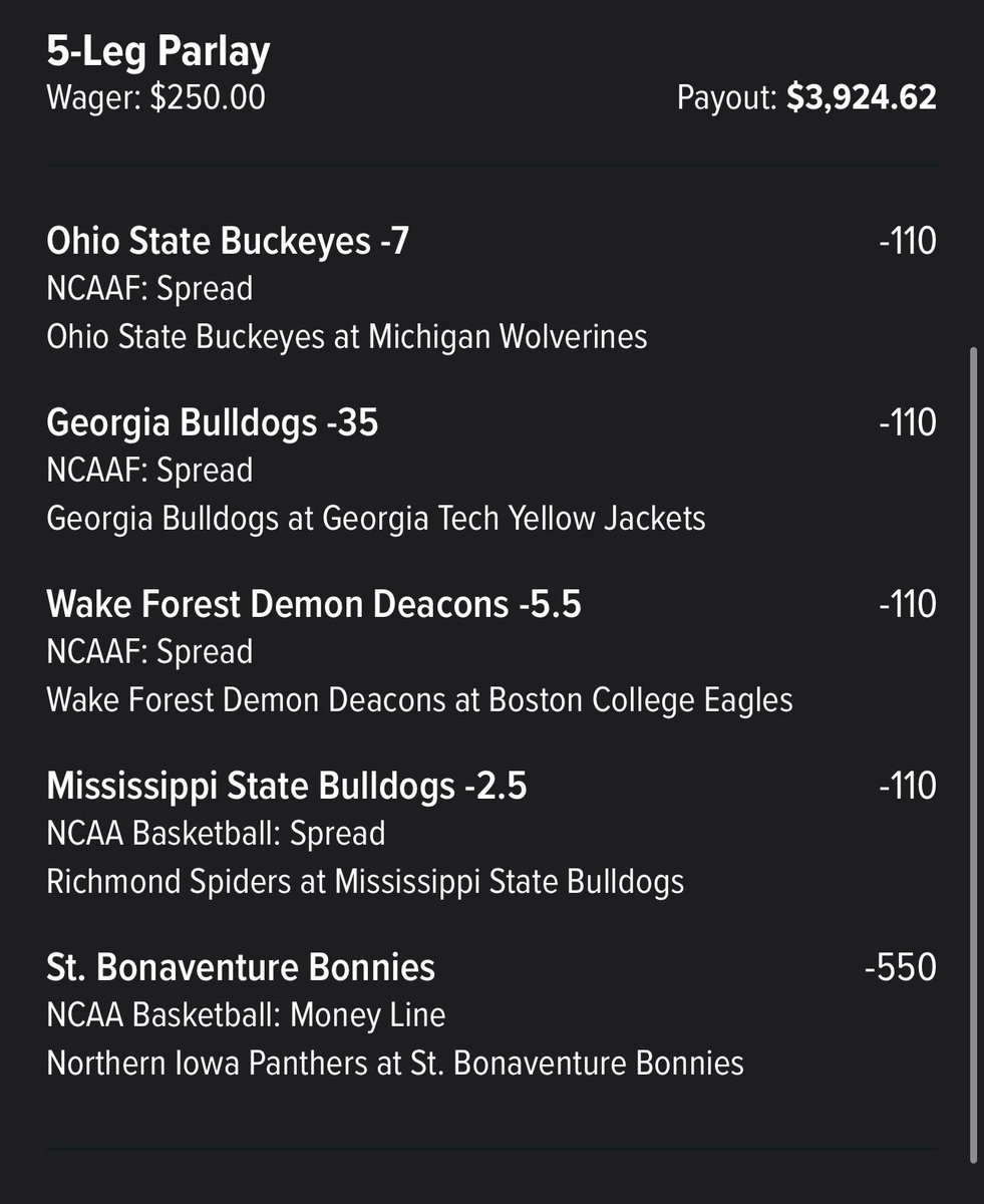 Added a 3rd Football pick on the Lay 

We got: 

Ohio State -7 
Georgia -35 
Wake Forest -5.5 
Mississippi St -2.5 
Saint Bonny ML 

Throw a like if you’re tailing…

#GamblingTwitter