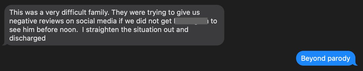 Toaster_Pastry's tweet photo. Text from hospital doctor. This conversation from a couple of weeks ago really angered me. Patient/family wanted cardiologist to see him before noon on Sunday or else threatened to give him a bad review on social media. https://t.co/gAppqKoJvC
