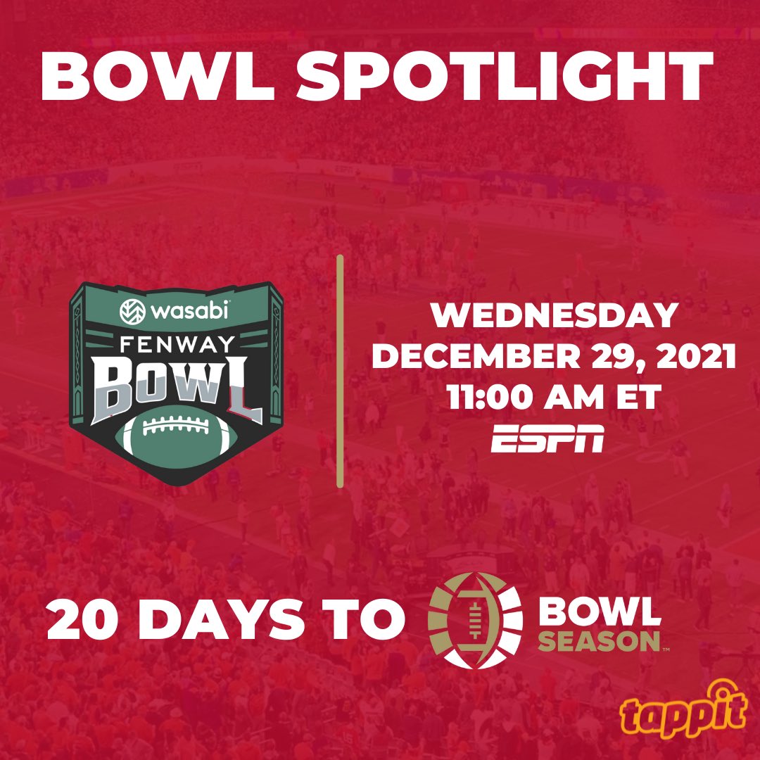 20. MORE. DAYS! #BowlSeason will be here before you know it! Today’s #BowlSpotlight is the first ever <a href="/FenwayBowl/">Wasabi Fenway Bowl</a> which will be played on Wednesday, December 29th at 11:00 am ET! 🎉🏈