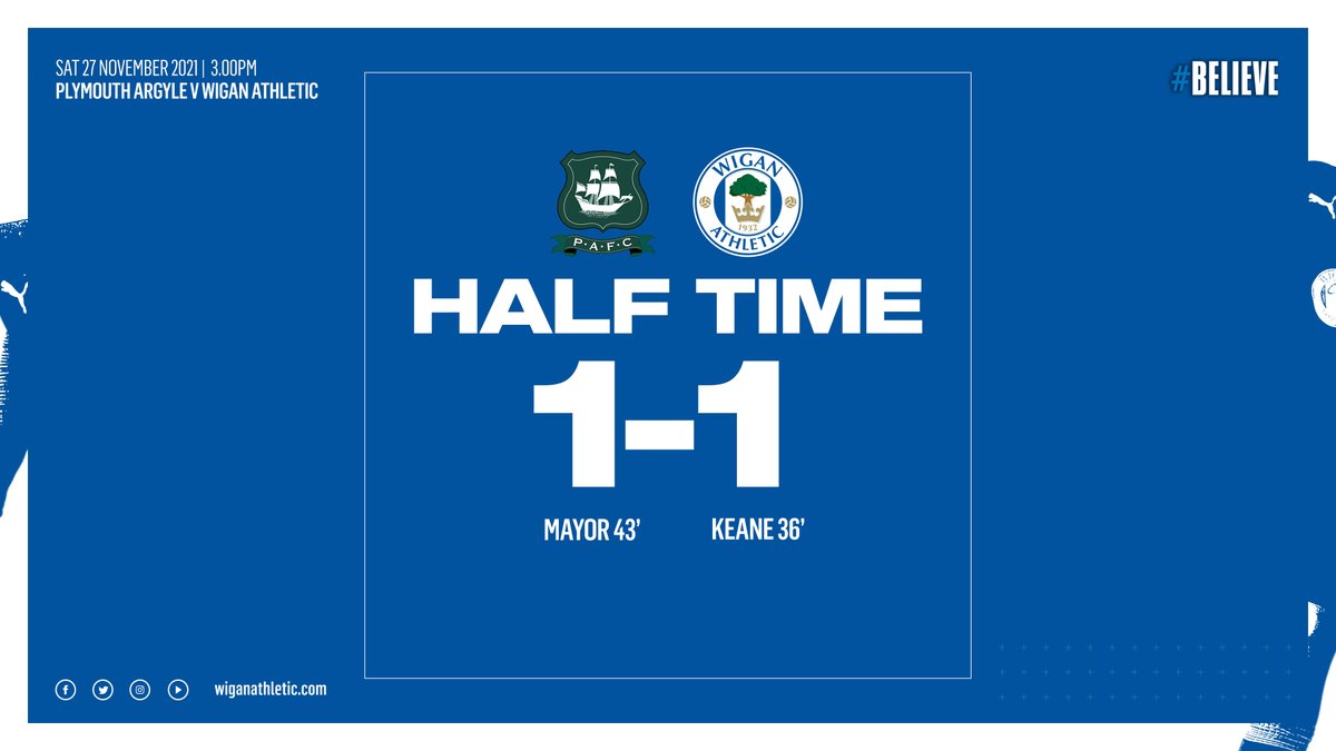 ⏱ An entertaining 45 minutes at Home Park, and we're level at the break. #wafc 🔵⚪️ #BELIEVE