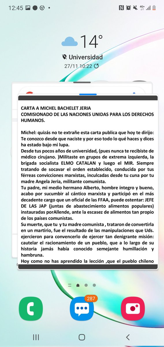 ProfBarraza's tweet photo. @ONU_es @WFP_es A propósito de lo que plantean señores ONU ¿que opinión les merece esta carta que habría escrito Patricia Puga, tía de @mbachelet? https://t.co/OwKLR6PFNQ