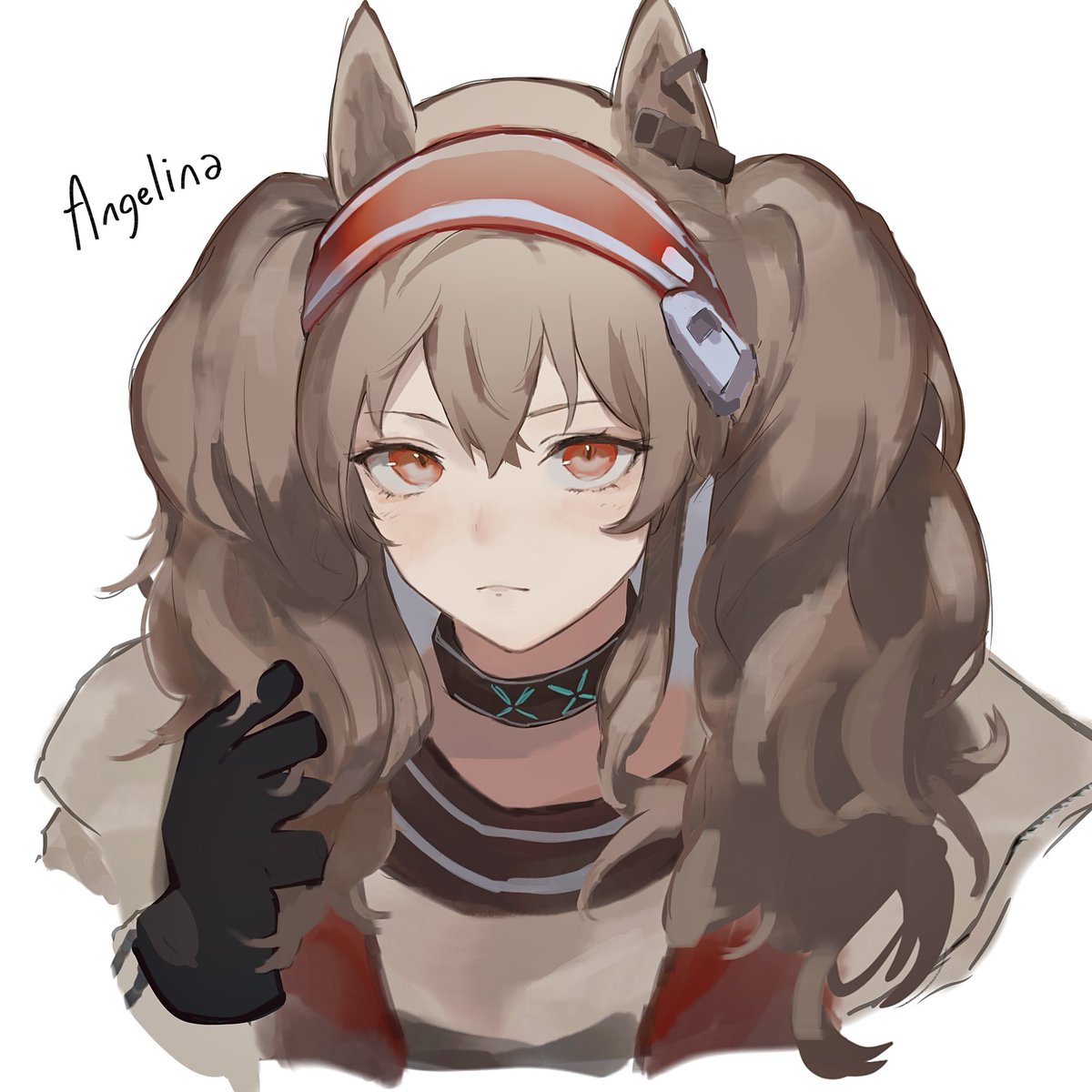 angelina (arknights) 1girl solo animal ears brown hair twintails gloves white background  illustration images