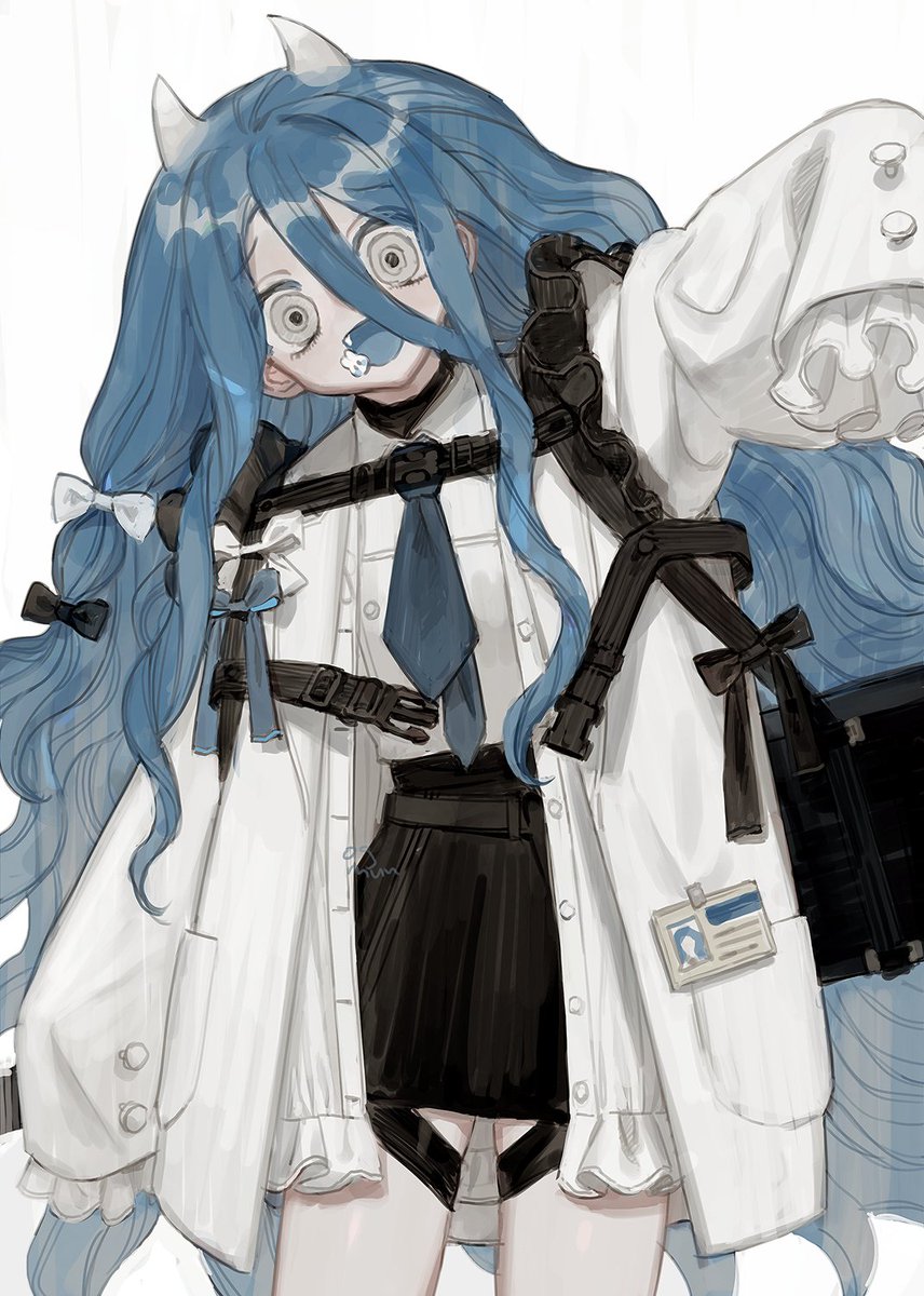 1girl solo long hair blue hair white background horns simple background  illustration images