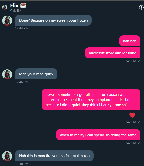 vhertweaks's tweet photo. @d1lmao @ilyElix bro he's exaggerating i took like 15 mins i legit called it as well LMFAO https://t.co/IPLoW613eF