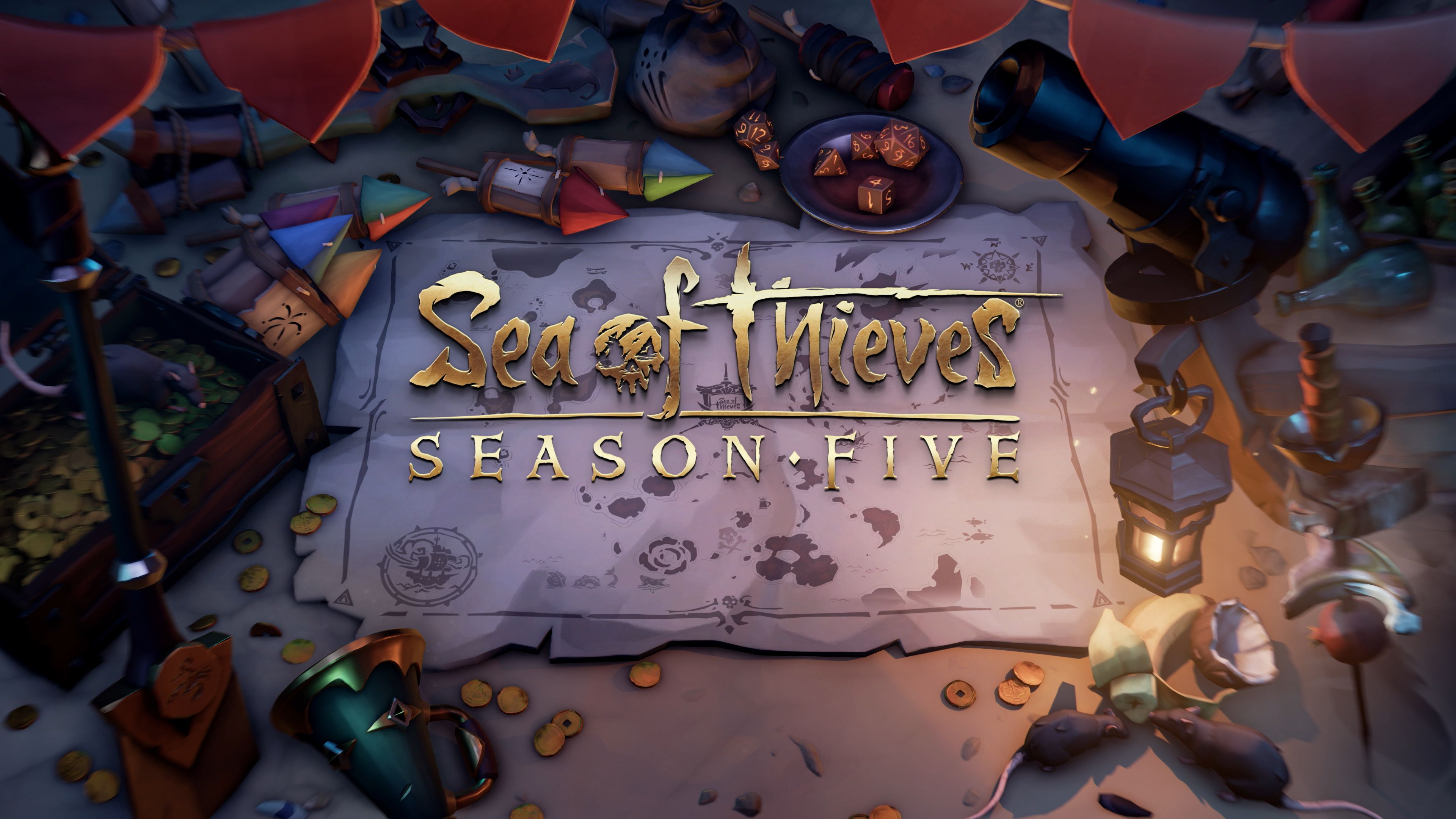 An array of items litter the map table around the Sea of Thieves Season Five logo, including rockets, a cannon on a rowboat, rats, a shovel, speaking trumpet and bunting.