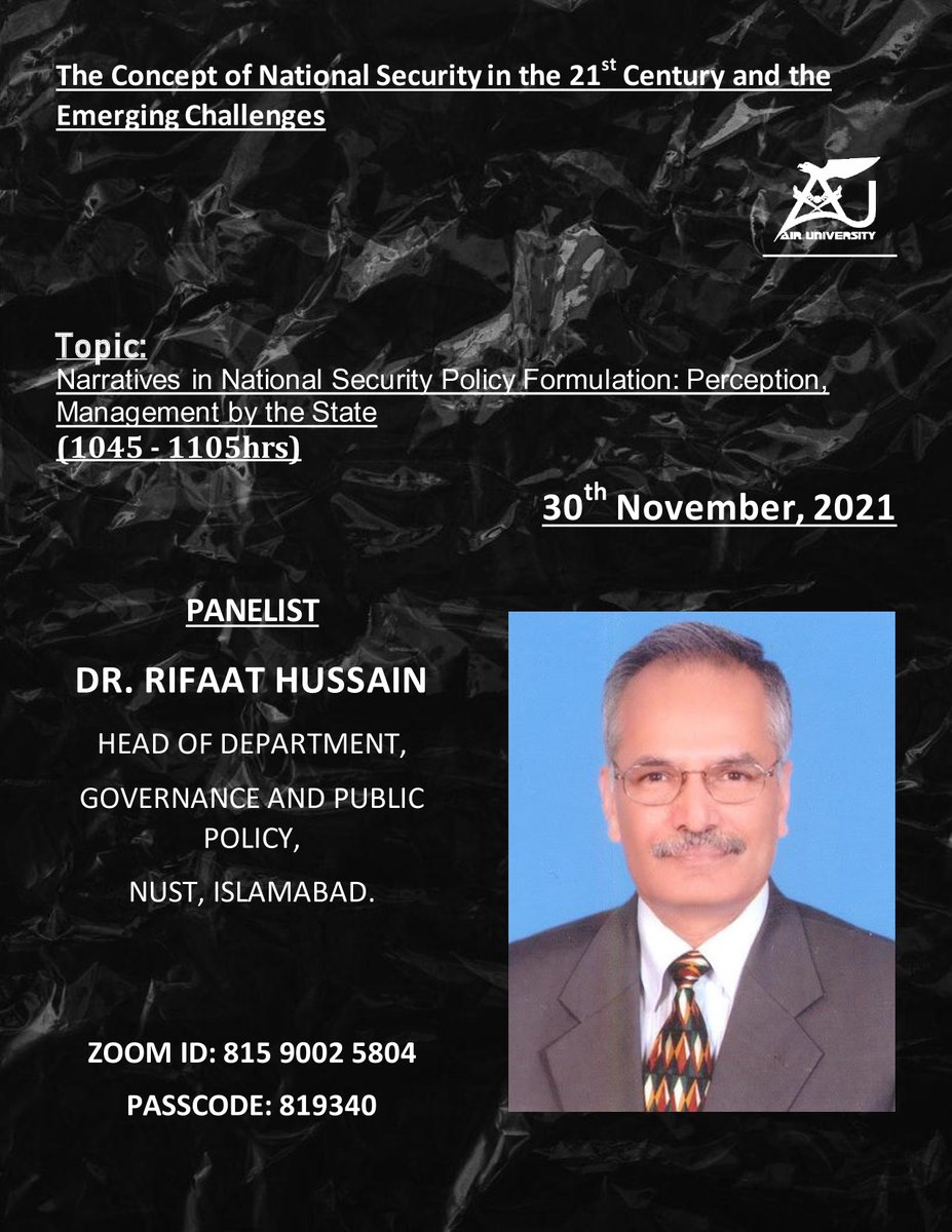 's tweet image. Introducing 3 distinguished panels of our 1st #IntlCon by #DASSS at @Air_University 

Panel 1
@adilsultan  (moderator)
@aizaz1101 
Dr. Rifaat Hussain
Dr. Salma Malik