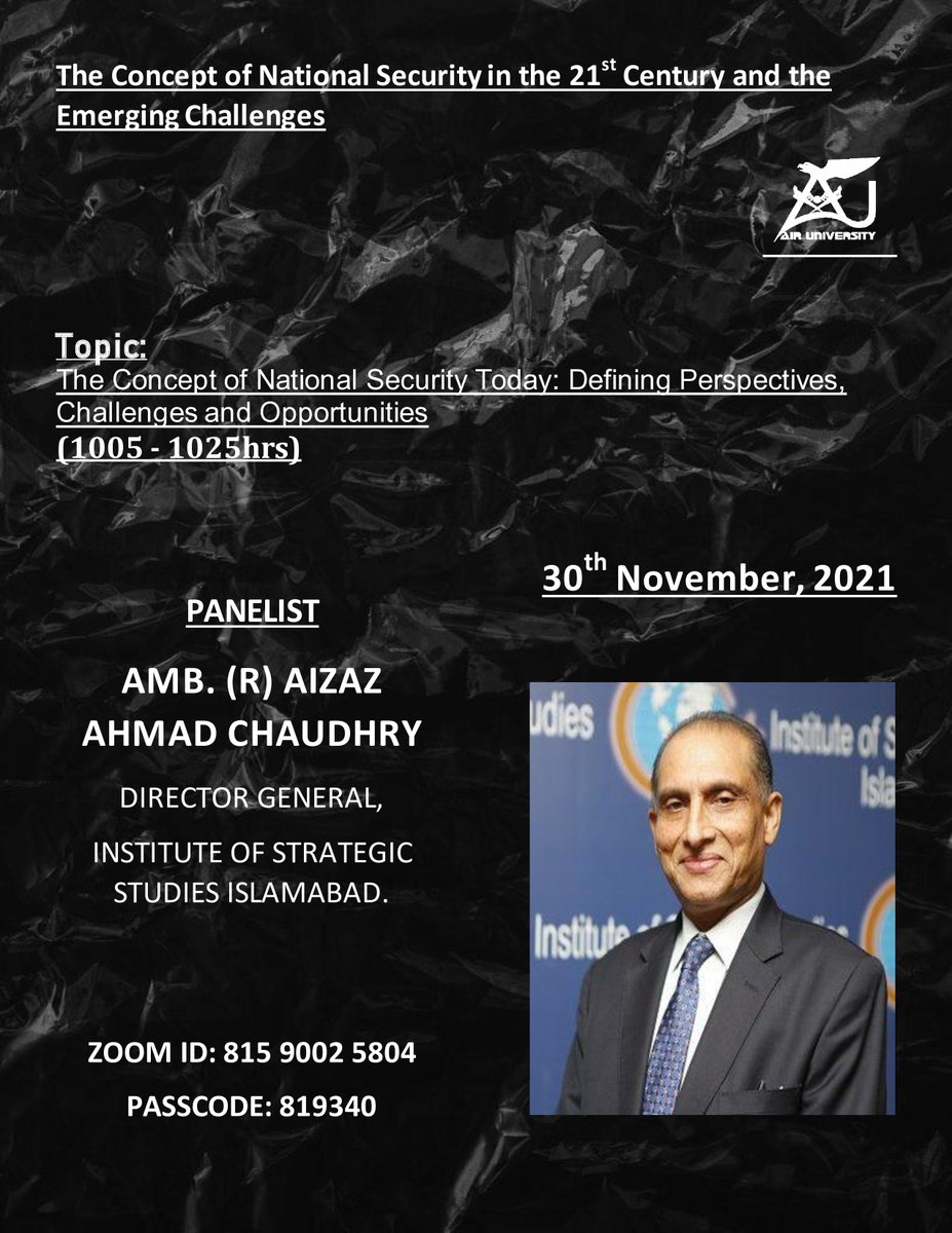 's tweet image. Introducing 3 distinguished panels of our 1st #IntlCon by #DASSS at @Air_University 

Panel 1
@adilsultan  (moderator)
@aizaz1101 
Dr. Rifaat Hussain
Dr. Salma Malik