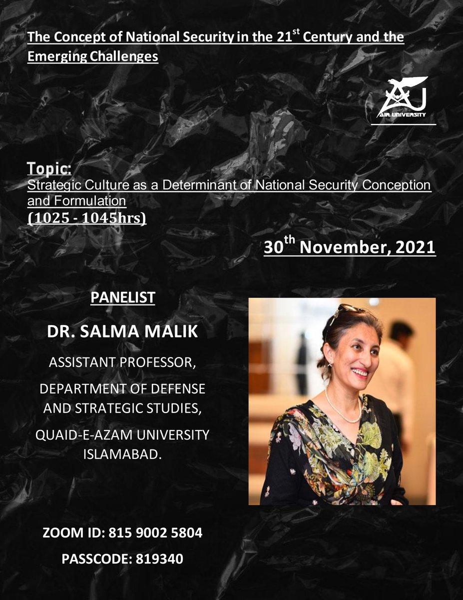 's tweet image. Introducing 3 distinguished panels of our 1st #IntlCon by #DASSS at @Air_University 

Panel 1
@adilsultan  (moderator)
@aizaz1101 
Dr. Rifaat Hussain
Dr. Salma Malik