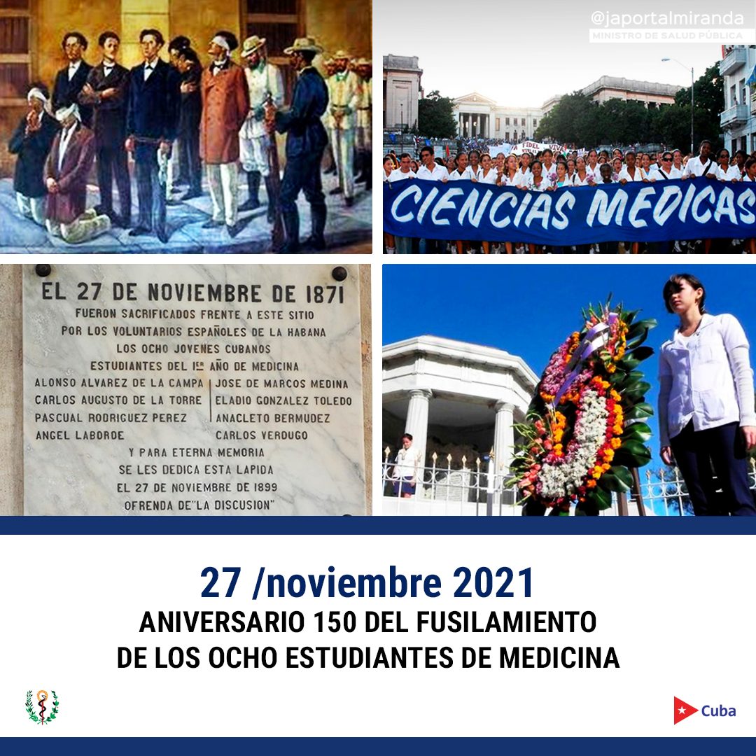 cubacooperaven's tweet photo. Hace 150 años #Cuba vivió un día triste, el fusilamiento de ocho estudiantes de medicina. 

Siempre les rendimos merecido homenaje. Nuestros “pinos nuevos” cuentan con una valiosa herencia que les permite continuar siendo la esperanza de la Patria.

#CubaVive 🇨🇺 #HéroesDeLaSalud https://t.co/adZoZMuTN9