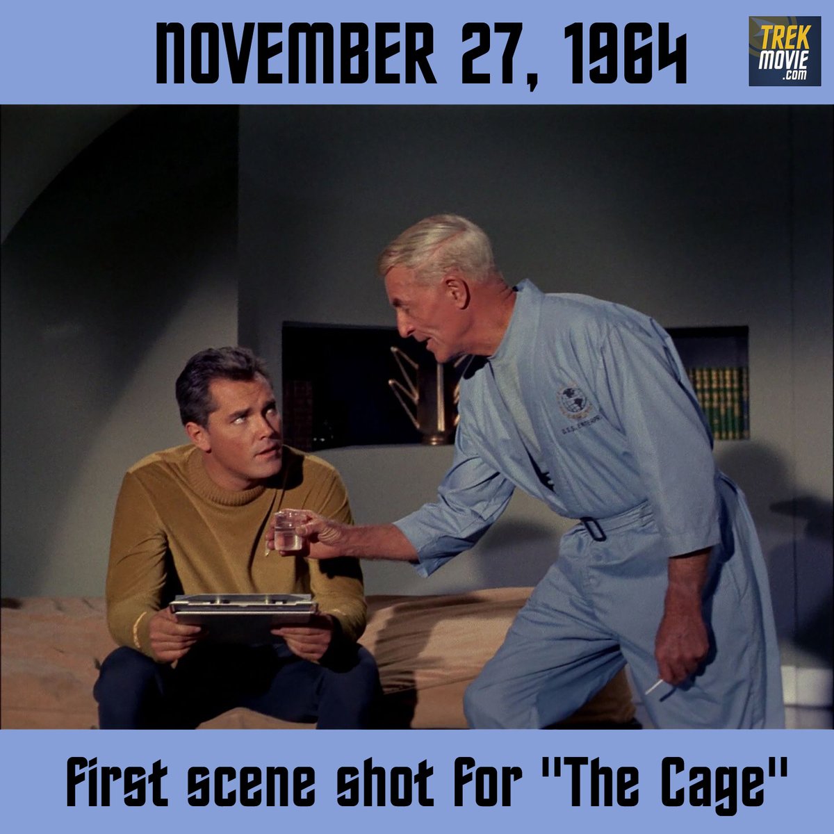 OTD: The first day of filming on #StarTrek, ever. Cameras start rolling on "The Cage" as they shoot the scene where Dr. Boyce makes martinis for himself and Captain Pike in Pike's quarters. "Sometimes a man'll tell his bartender things he'll never tell his doctor."