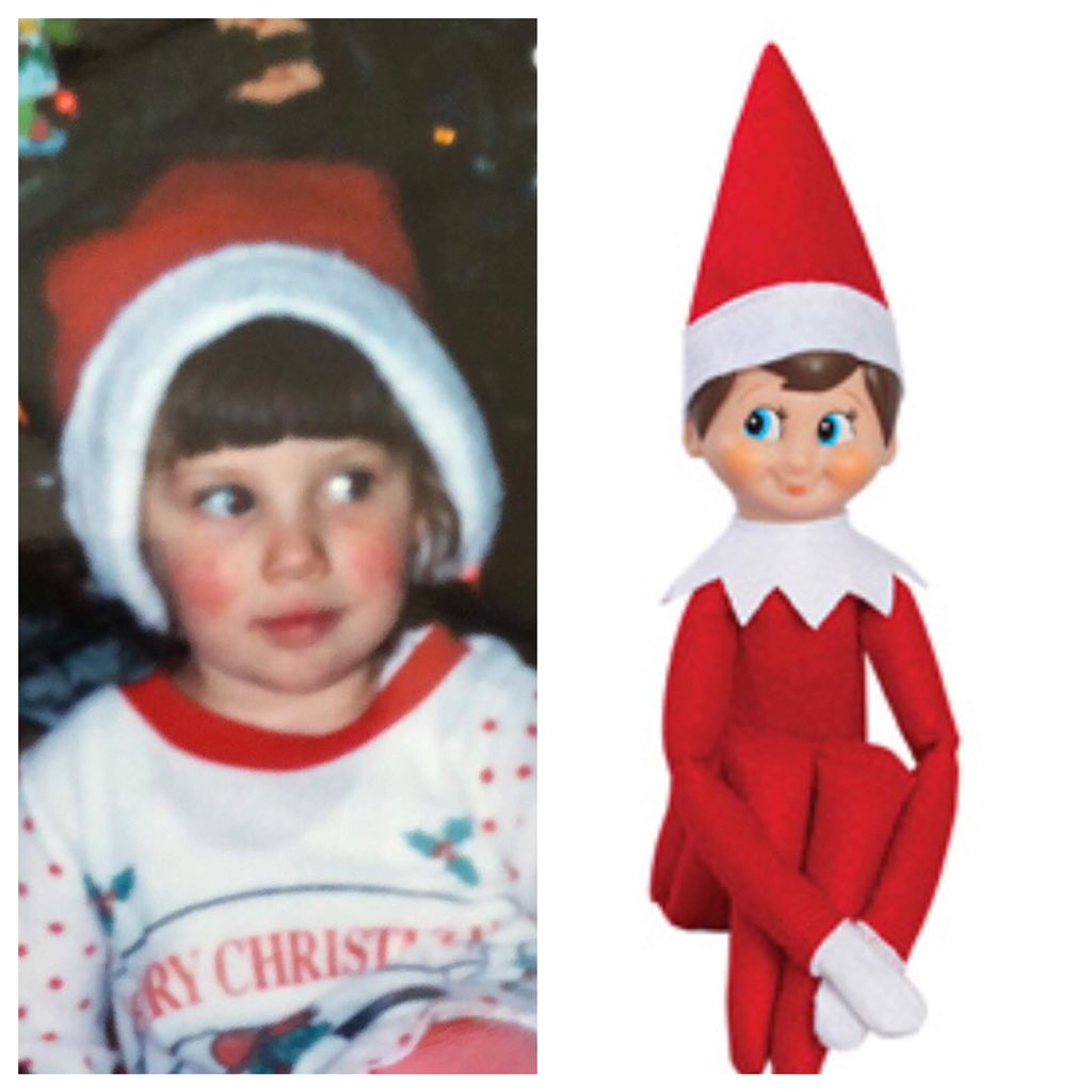Megs1491's tweet photo. That time of year again that I try to get reparations from @elfontheshelf for stealing it’s elf look from my childhood photo. https://t.co/Kz4ds0VbCg