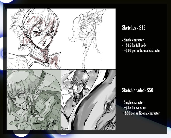 I've updated and simplified some of my commission info. DMs should be open. Extra details are in the last 2 images. I may take a bit to respond to requests so please be patient! 
