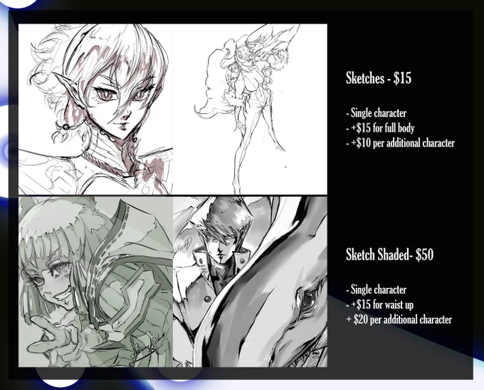 I've updated and simplified some of my commission info. DMs should be open. Extra details are in the last 2 images. I may take a bit to respond to requests so please be patient! 