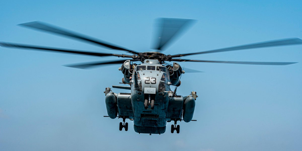 A CH-53E Super Stallion attached to the <a href="/11thmeu/">11th MEU</a> flies toward the <a href="/USNavy/">U.S. Navy</a>'s USS Portland while deployed to the <a href="/US5thFleet/">U.S. Naval Forces Central Command/U.S. 5th Fleet</a> area of operations in support of naval operations to ensure stability and security in the Central Region. #MarineAviation