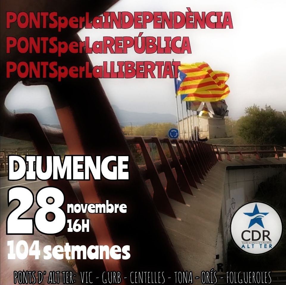 #PONTSperLaINDEPENDÈNCIA
Seguim una setmana més, i ja en són 104 ✊

 DIUMENGE 28/11/21 a les 16H.
#VIC:Pont de Malla C-17
#CENTELLES:Pont Sant Antoni C-17
#ORÍS:Pont Can Branques C-17
#GURB:Pont de Gurb C-25
#FOLGUEROLES:Pont Sant Jordi C-25
#TONA:Pont del Verinal C-17