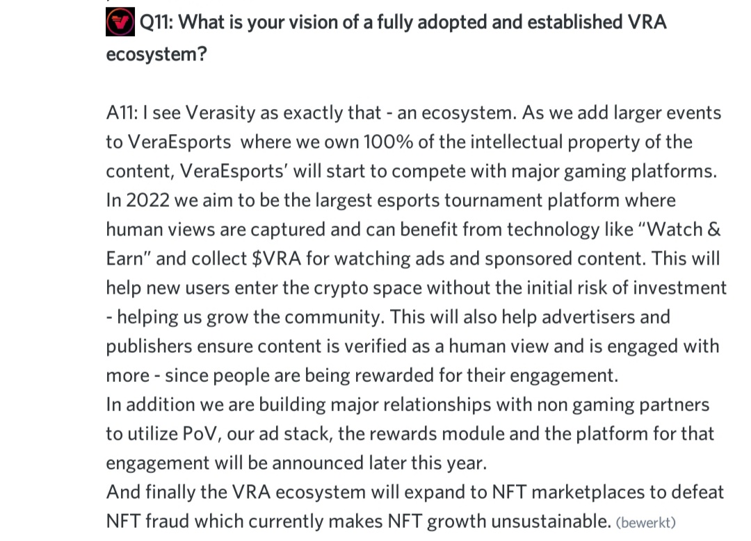 CryptoErwinNL's tweet photo. Great AMA with @Wenczka from @verasitytech 

$VRA is a unique project, primed for a 50b mcap or even more in the near future 🧠 https://t.co/hC3FZNWUfc
