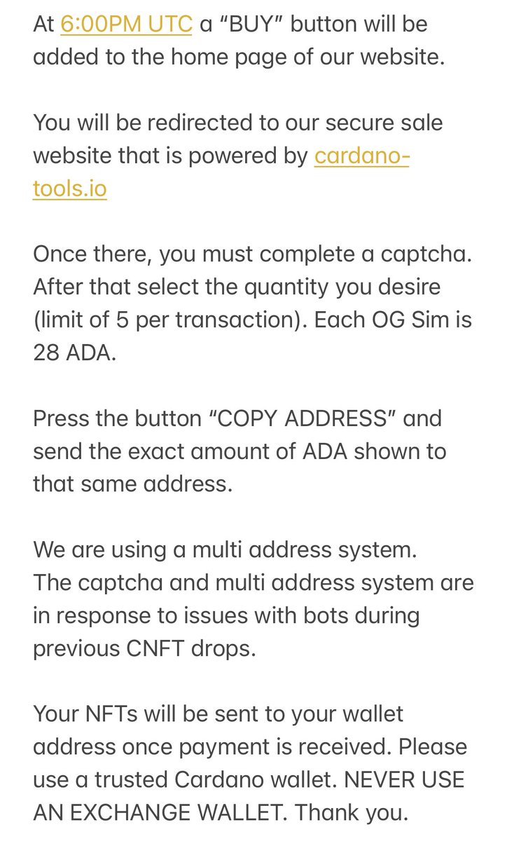 CardanoSim's tweet image. How to purchase an OG Sim:

At 6:00PM UTC a “BUY” button will be added to the home page of our website.

Click the image below for the complete instructions 🙌🏼🔥😎

#CNFTCommunity #CNFTdrop #OGSimCollection #CardanoCommunity #CardanoSimulation #NFTs