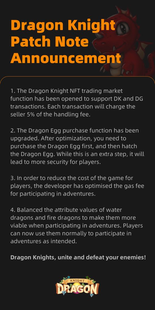#dragonknight
Dragon Knight Patch Note Announcement
<a href="/BinanceChain/">Binance Chain</a> <a href="/PancakeSwap/">PancakeSwap</a> <a href="/bsc_daily/">BSCDaily</a> @BSCTimes <a href="/Bschainprojects/">BSC Projects (Binance Smart Chain)</a> <a href="/news_of_bsc/">bsc</a>