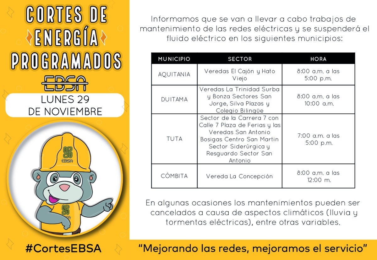 boyacasietedias's tweet photo. 🕯 #CortesEBSA ǁ Entérate de las suspensiones programadas por mantenimiento e instalación de redes #Lunes 29 de Noviembre #Prográmate 🔦Infórmate: https://t.co/xBOlo68KtS https://t.co/5iHOaDoCQK