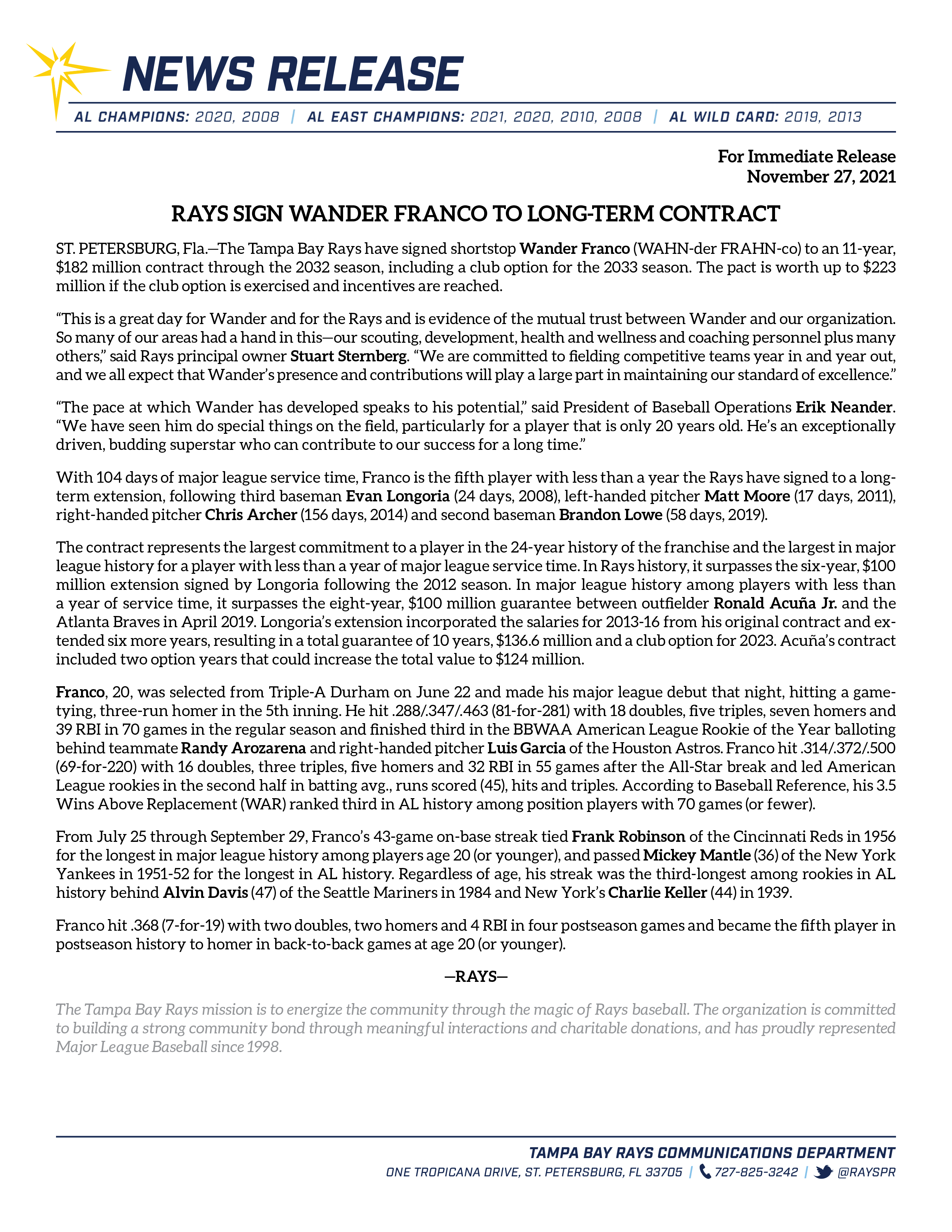 Rays Communications on X: The Tampa Bay Rays have signed shortstop Wander  Franco to an 11-year contract through the 2032 season, including a club  option for the 2033 season.  / X