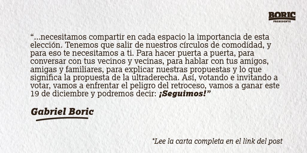 Seremos esperanza en este importante momento de la historia, enfrentando a quienes quieren retroceder años de derechos sociales que han sido ganados con esfuerzo.

Necesitamos la más amplia unión. ¡Nadie sobra!

Link: bit.ly/3p51rin