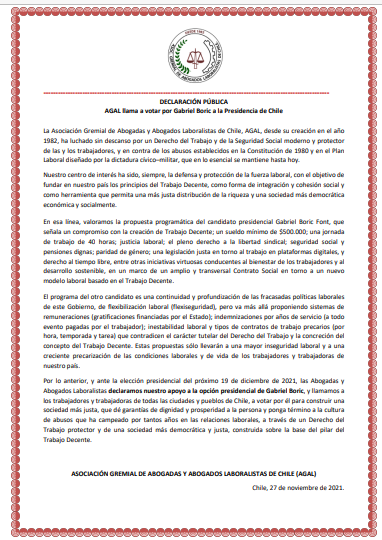 gremial_agal's tweet photo. Llamamos a votar por Gabriel Boric a la Presidencia de Chile. @gabrielboric 

Lee aquí nuestra Declaración Pública: https://t.co/rVNHzZXapb https://t.co/F5rgzI41TS