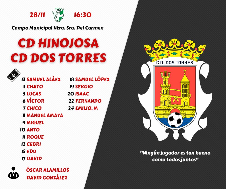 cddostorres's tweet photo. Convocatoria de nuestro equipo para visitar mañana #HinojosaDelDuque en partido correspondiente a la jornada 9. #UnPuebloUnEquipo. https://t.co/uAC8RUYMDc