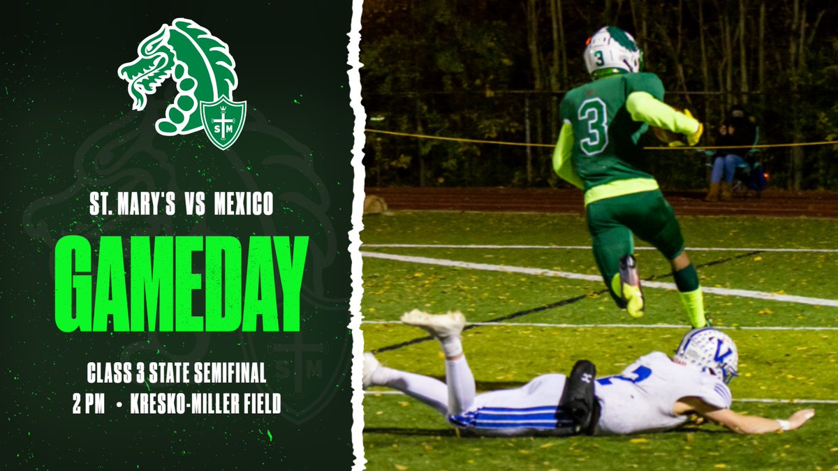 StMarysHSSports's tweet photo. GAMEDAY:  C3 STATE SEMIFINAL
2PM at Kresko-Miller Field
Tickets available on MSHSAA's website. 
Listen to the game for FREE OR watch the PPV game on #prepcasts. PPV is $10.
#LetsGoDragons #NOW #statetournament
@stmarysstlalum @STMARYS_FB_STL  @StMarysDragons @SSC_activities https://t.co/a2HKZDmbU3