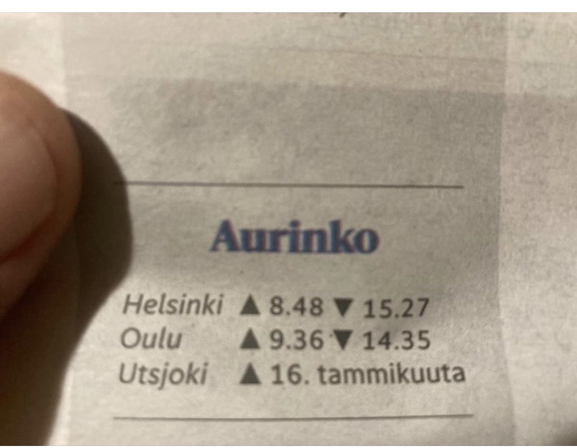 A newspaper in #Finland publishes the times of sunrise and sunset in different cities. These days, the sun rises in Helsinki quite late at 8:48am. But in the village of #Utsjoki in the north, the next time the sun will rise is not even next month. It's not until January 16! 🤣
