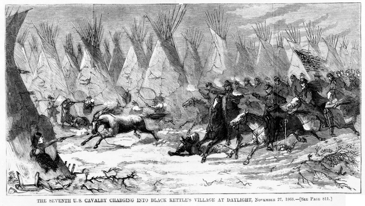 #OnThisDay in 1868, the US Army led an indiscriminate attack on a group of peaceful Cheyenne people near Washita River. The #tribe had a white flag to show they were avoiding conflict. Up to 103 Cheyenne were massacred, many were women & children. #CrimesOfColonialism