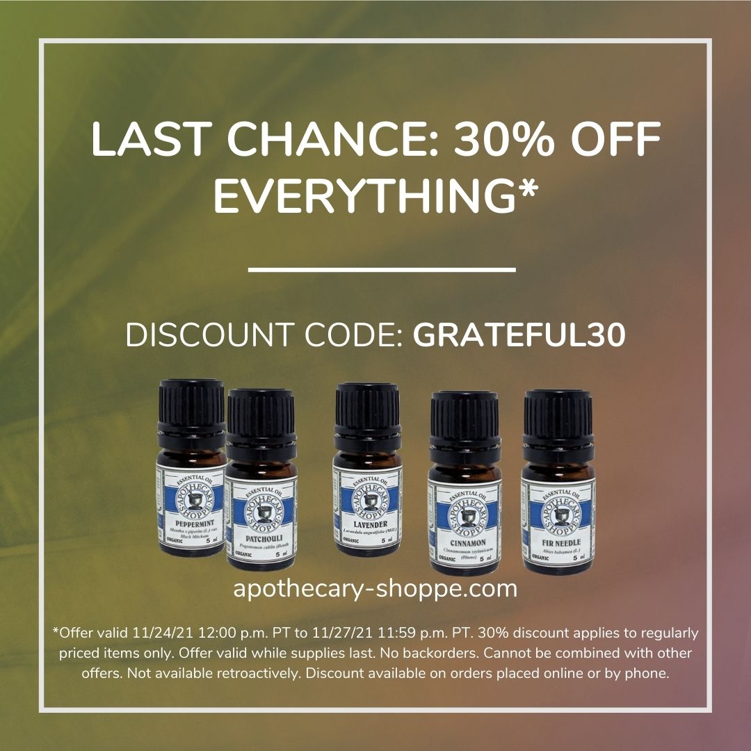 Black Friday is over, but the good news is that it's not too late to shop our sale! You can still get 30% off sitewide* with the discount code GRATEFUL30 through the end of the day.

Shop here: apothecary-shoppe.com/collections/be… #BlackFriday #WellnessSale #EssentialOilSale #ApothecaryShoppe