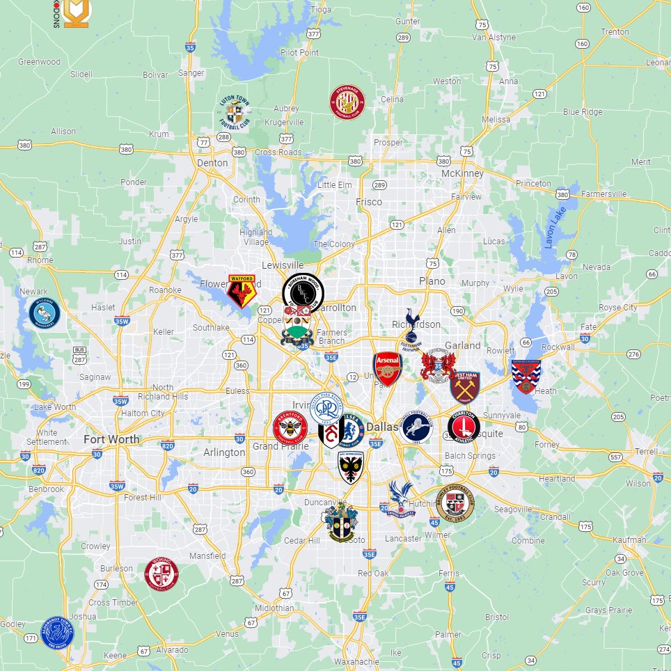 TheKickAround's tweet photo. From @Crooke86 - here is a map of the London area EPL/EFL + the 6 pro teams playing non-league overlaid the DFW area. Who’s be your team based on your ‘hood?! https://t.co/XDfnHNu2R4