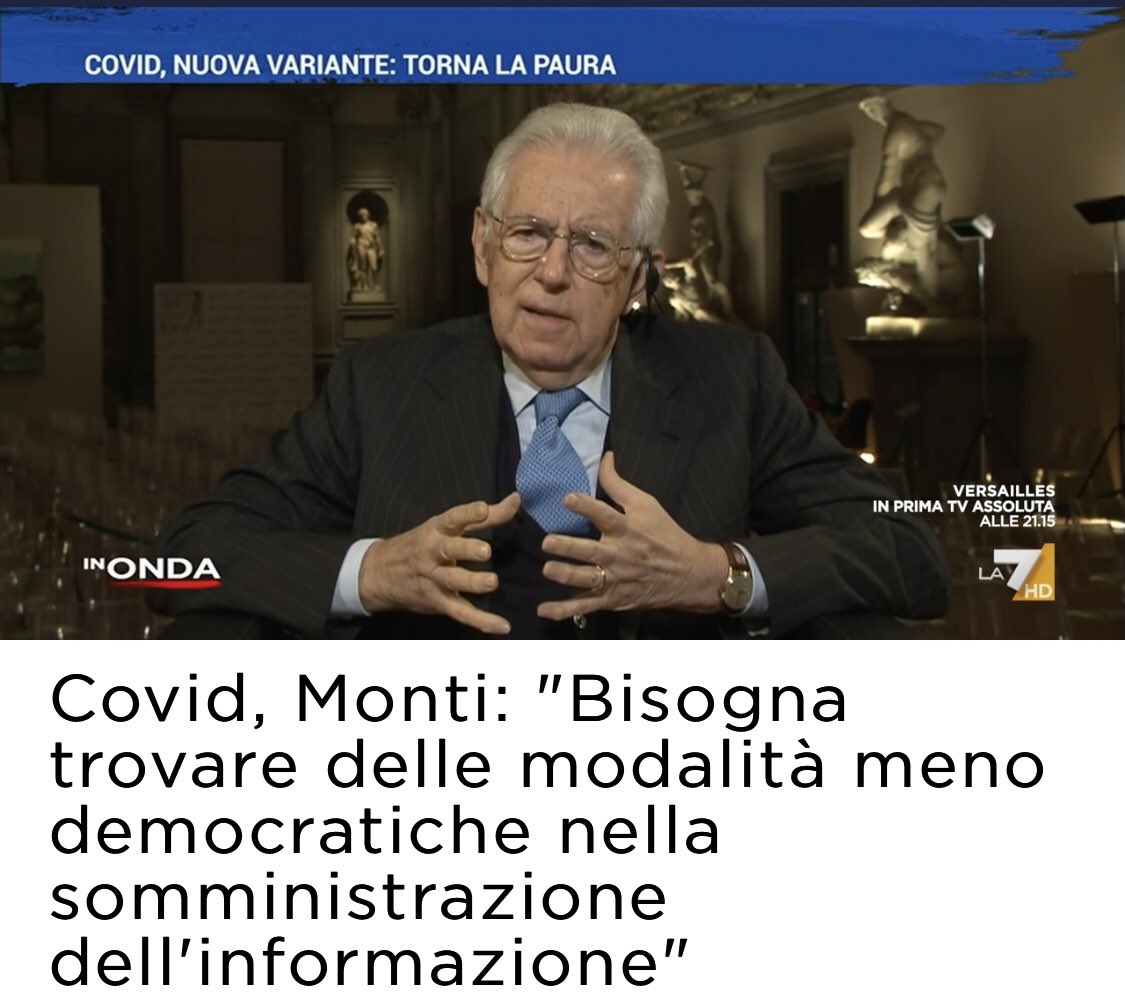 giubileif's tweet image. Secondo Mario #Monti, già Presidente del Consiglio e senatore a vita, “bisogna trovare delle modalità meno democratiche nella somministrazione dell’informazione”. Solo a me fa paura un paese in cui si invoca come se fosse normale la limitazione della libertà di parola nei media?