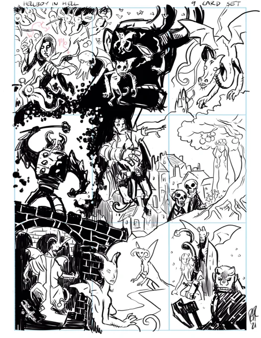 Process. Digital layout and color guide. Printed out on copy paper, used a light box to trace onto the cards with a 005 Micron, then finished inking each card and colored with Copic markers (taped together on the back). Started with the saturated colors (reds and greens). 