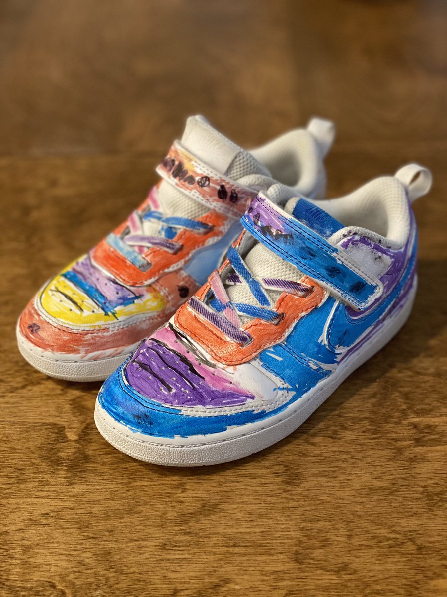 bitcoinplanner's tweet image. For sale: Nike, children’s size 10. Decorated by my budding artist, age 5. Price - 1.2 BTC. Shipping included 😜