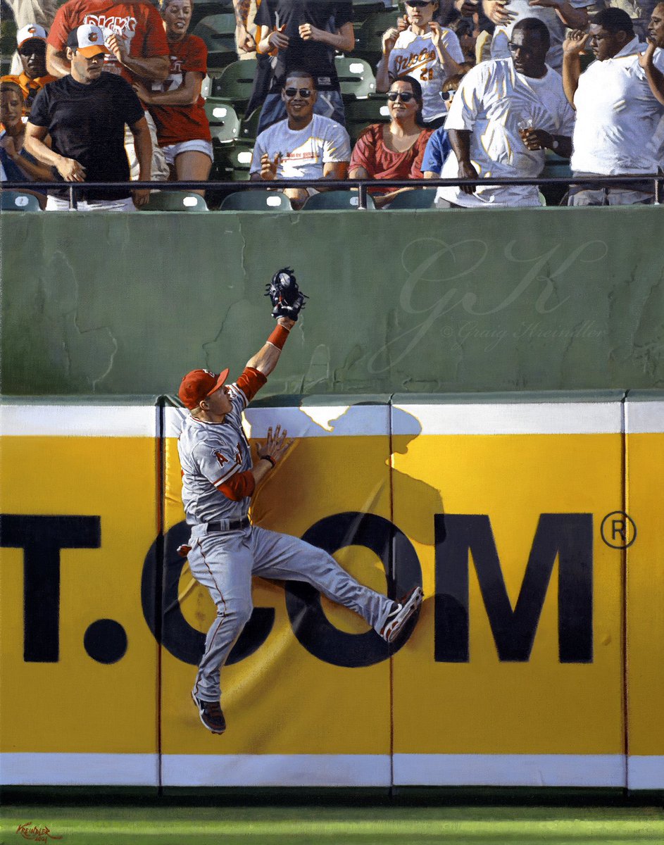 Here’s my painting of Mike Trout making a stunning grab against J.J. Hardy and the Orioles on June 27, 2012. Dat light tho.