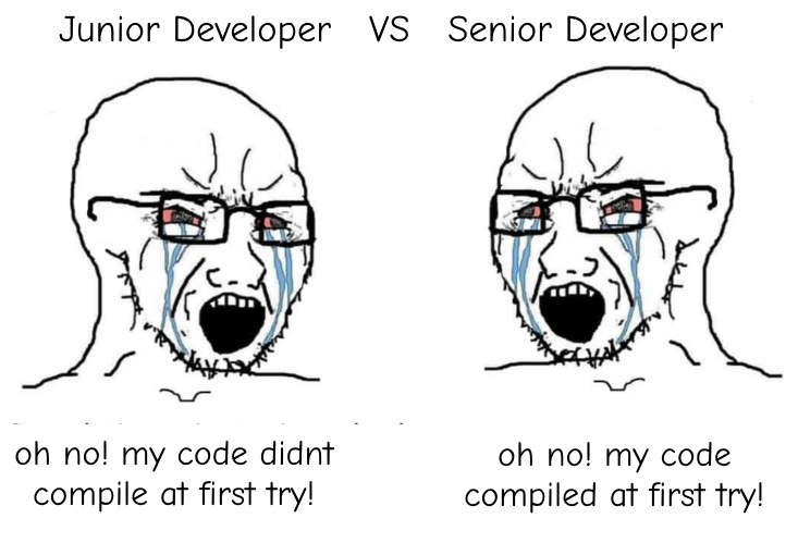 RamsayDev's tweet image. Junior Developer:
oh no! my code didnt compile at first try!
VS
Senior Developer:
oh no! my code compiled at first try!
#programmer #developer #programmerwisdom #DevCommunity #programmers