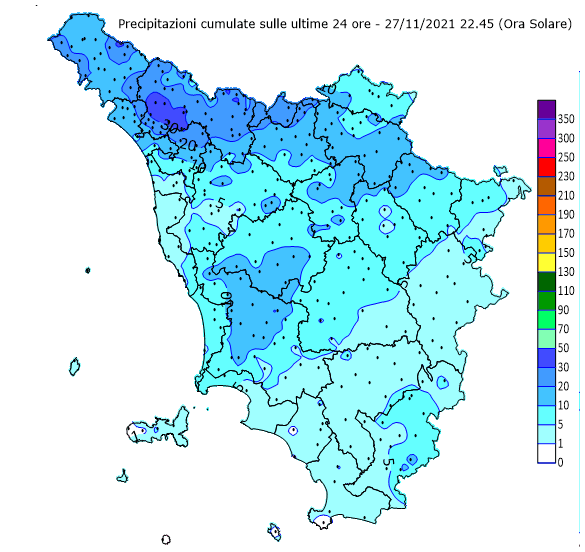 Monitoraggio precipitazioni Toscana - #allertameteoTOS - 27/11/2021 23:00 - CFR Toscana - cfr.toscana.it/index.php?IDS=…
