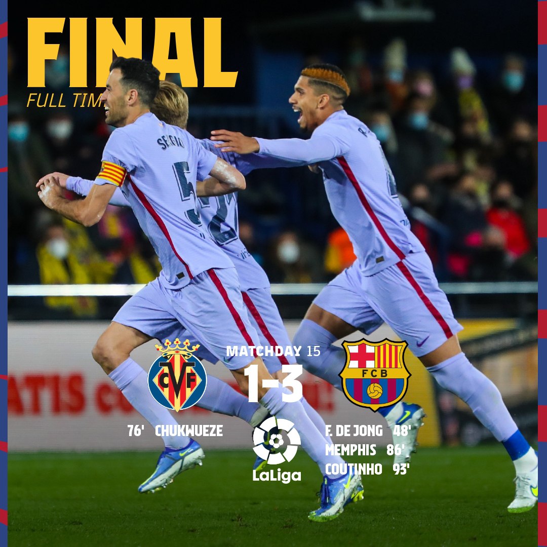 FCBarcelona_es's tweet photo. ⏰ ¡Final del partido!
⚽ #VillarrealBarça (1-3)
👟 Chukwueze / Frenkie de Jong, Memphis y Coutinho https://t.co/qurPed6Imh